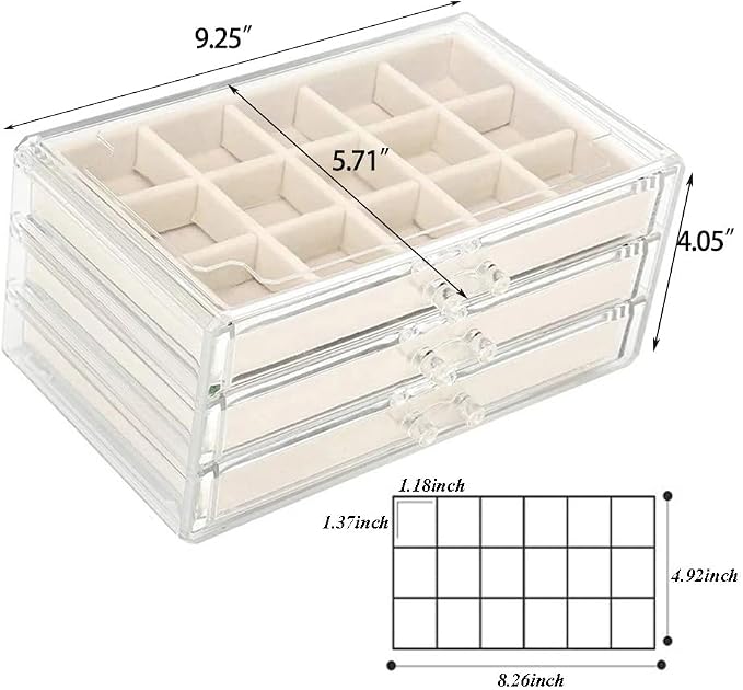 YUFONG Earring Organizer Box Acrylic Jewelry Organizer with 3 Drawers 54 Adjustable Grids Clear Stackable Earring Holder Velvet Trays Ring Display Case for Women Girls (Beige) - Image 4