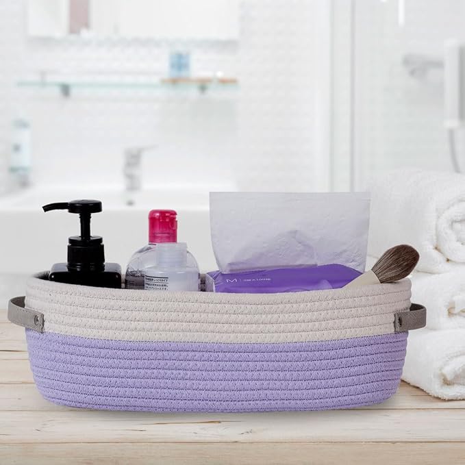 Cotton Rope Woven Basket Toilet Paper Baskets for Organizing Decorative Basket for Boho Decor Small Storage Basket Gift Baskets 13"x5.9"x4" Purple - Image 6