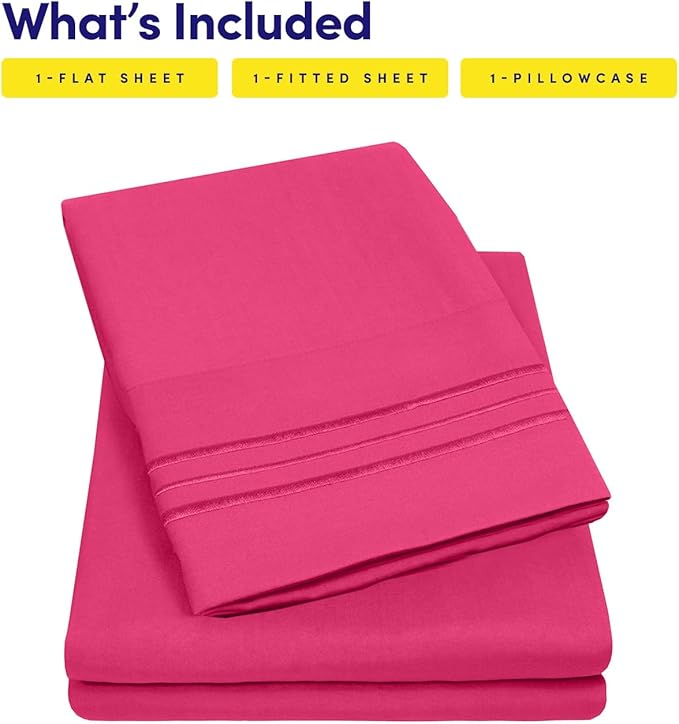 Twin XL Size Sheet Set with Built-in Sheet Straps - Deep Pocket Fitted Sheet, Flat Sheet & Pillowcases - Soft, Wrinkle-Free, Secure Fit - Fuschia