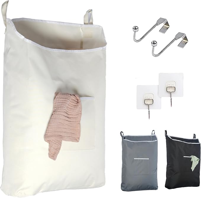 The Fine Living Co. Hanging Laundry Hamper with Over Door Hooks & Adhesive, Durable Space Saving Laundry Bag with Zipper and Wide Open Top, Hanging Dorm Laundry Hamper 18"x4.75"x28" (Beige-L) by TheFineLivingCompany