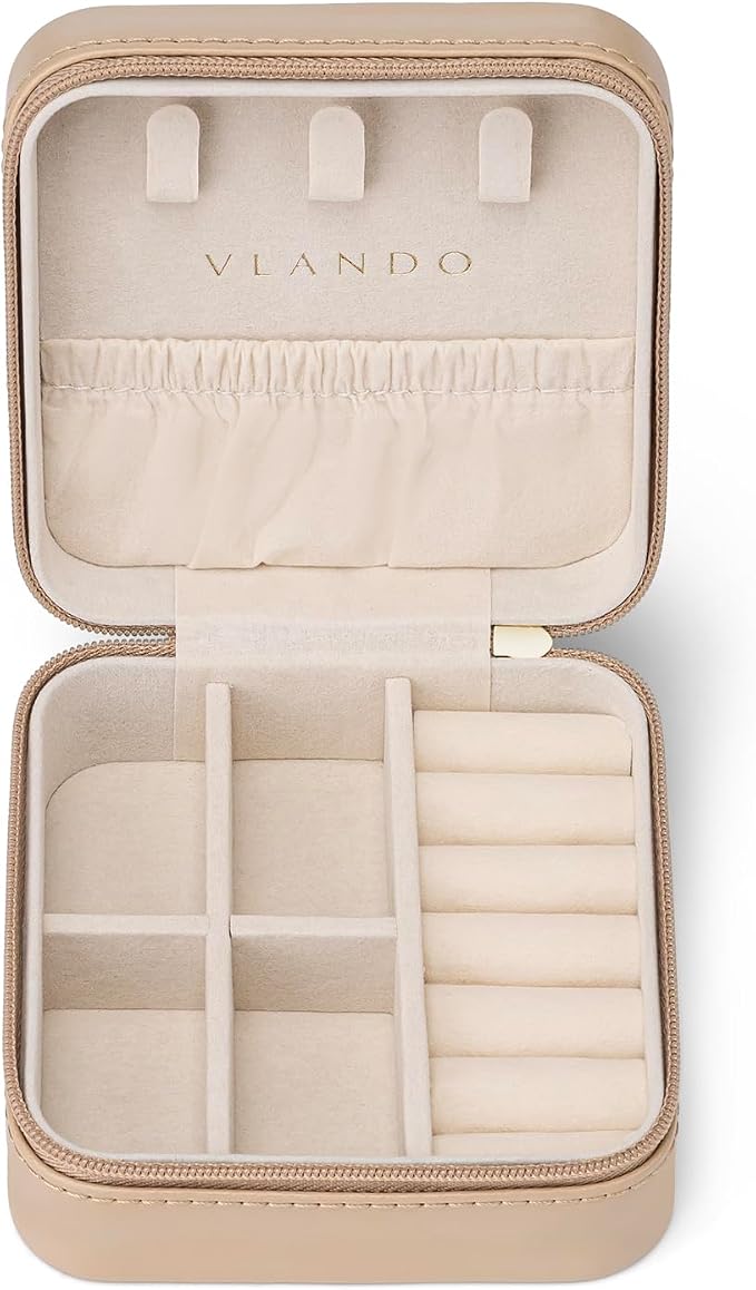 VLANDO Small Travel Jewelry Box Organizer Display Case for Girls Women Gift Rings Earrings Necklaces Storage, Latte - Image 7