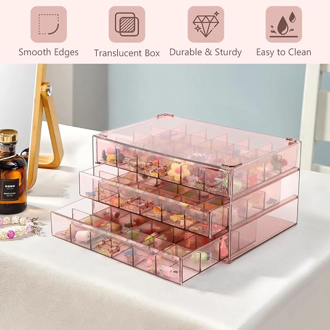 Jewelry Organizer, Earring Holder Organizer Box with 3 Layers, 72 Grids Earring Case, Craft Storage Containers for Nail Charms, Ring, Earrings(Tan) - Image 5