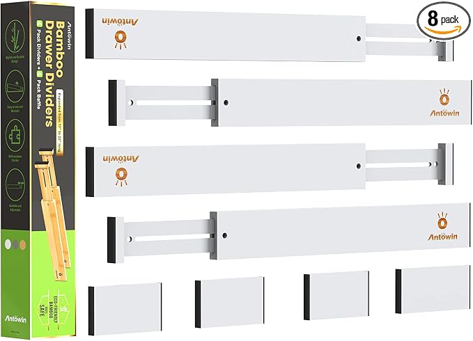 ANTOWIN Bamboo Drawer Dividers Organizers, Expandable Drawer Separators Splitter,17-22 inches Long Adjustable Spring-loaded Organizer for Large Utensil, Clothes, Tools Drawers (White) by ANTOWIN