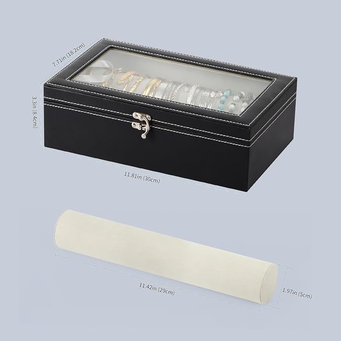 AUTOARK Bracelet & Watch Storage Box with Glass Lid & 2 Anti-Roll Rods,PU Leather Jewelry Case,Soft Lined Locking Organizer for Women,Gift for Dresser & Cabinet Display,Black,MKAW147 - Image 2