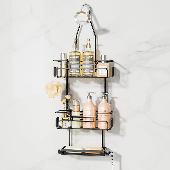 SWTYMIKI Bathroom Shower Caddy Hanging - 3 Tier Rustproof Over Shower Head Organizer, No Drilling Bathroom Shelf with 16 Hooks & Soap Holder, Anti-Swing Rack for Shampoo,Sponge,Towel, Black, Medium by SwtyMiki-TidyHomeSweetLife