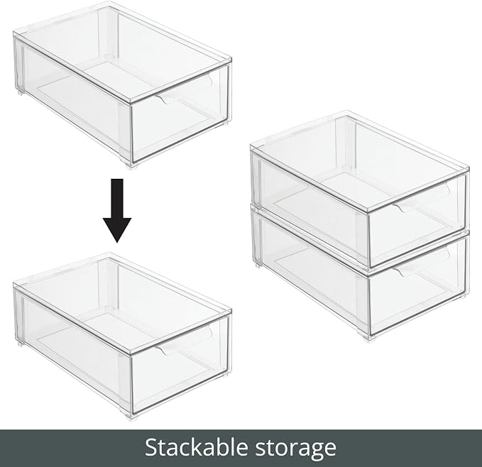 mDesign Plastic Closet Organizer Bin w/Pull Out Drawer - Shallow Stackable Storage for Closet - Organization for Shoes, Clothes, Bags, Totes, and Small Linens - Lumiere Collection - Clear - Image 3
