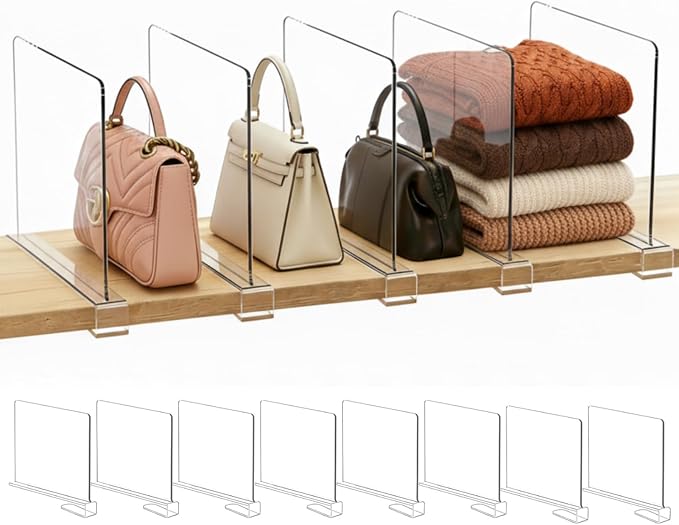 SortNStore Shelf Dividers Purse Organizer for Closet: 8-Pack Acrylic Bag Storage Organizer for Handbags, Clutches, Clothes, Sweater, Towel on Wood Shelves by SortNStore