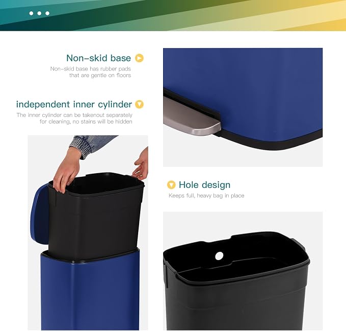 FDW | 13 Gallon Trash Can with Lid | Deep Blue | Fingerprint-Proof | Made of Brushed Stainless Steel | Soft-Close Step Pedal | Hands-Free Use | Easy to Clean | for Kitchen, Office, Bathroom - Image 4