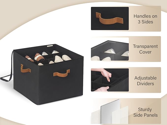StorageWorks Shoe Organizer for Closet, Fits up to 16 Pairs, Shoe Cubby Storage Containers with Adjustable Dividers and Clear Cover, Black - Image 5