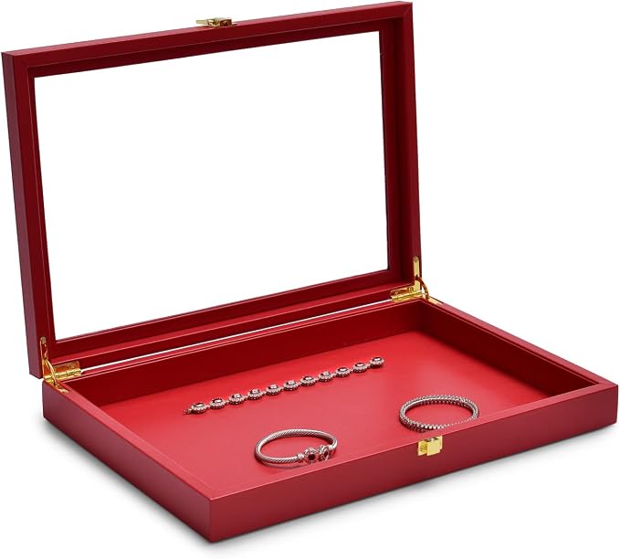 Oirlv Premium Red Leather Jewelry Tray with Acrylic Lid Jewelry Organizer Case Showcase Jewelry Display Organizer Box - Image 2