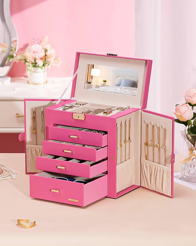 Homde Synthetic Leather Huge Jewelry Box Mirrored Watch Organizer Necklace Ring Earring Storage Lockable Gift Case (Pink + Gold) - Image 8