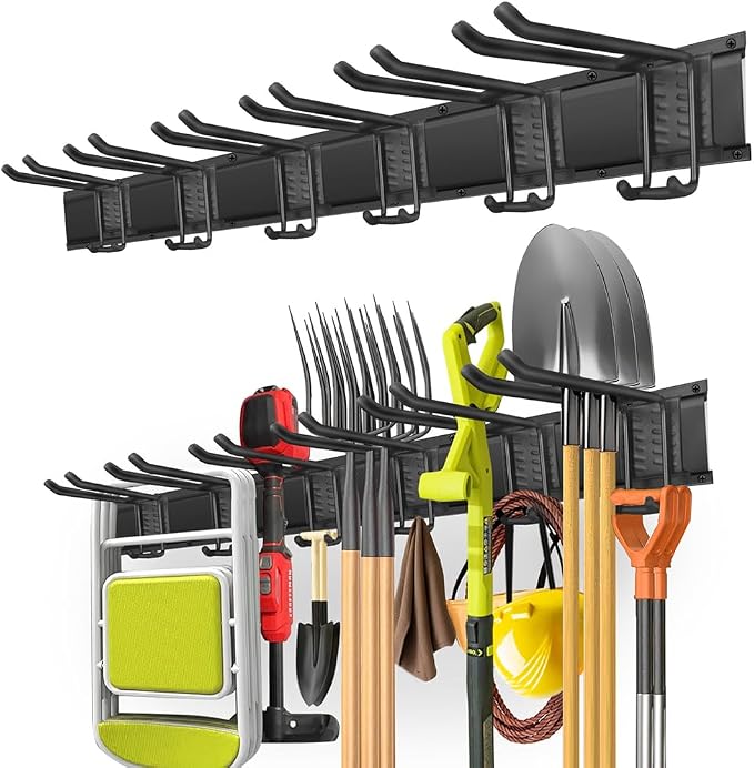 PIYILO Garage Tool Organizer Wall Mount with 48 inches Rails and 6 Double-layer Hooks, Garden Tool Rack Heavy Duty, Garage Hanging Storage Rack For Yard Tools, Shovel, Shed by PIYILO