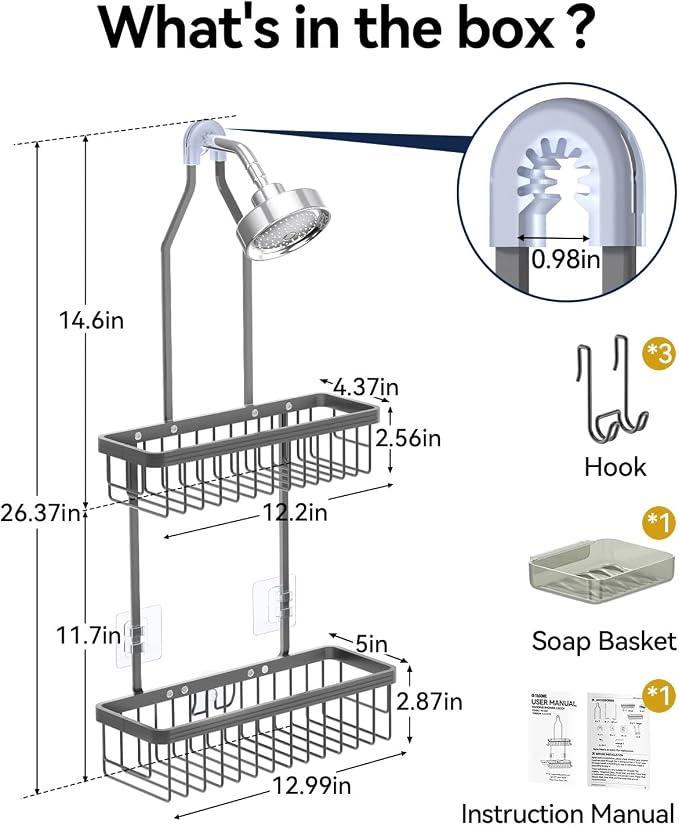 YASONIC Shower Caddy Hanging, Never Rust Shower Organizer Hanging, Aluminum Shower Racks for Inside Shower with Hooks for Razor, Bathroom Organizers and Storage with Soap Holder, Grey - Image 2