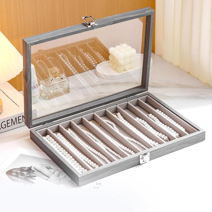 Glass Lid Necklace Organizer Box Transparent Necklace Holder Organizer Velvet Necklace Display Box Clear Lid Jewelry Storage Stackable Necklace Display Case for Women Girls (Grey) - Image 5