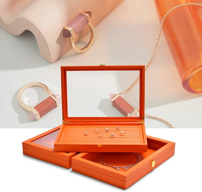 Oirlv Premium Leather Necklace Bracelet Organizer Tray with Acrylic Lid Jewelry Display Case Drawer Insert Jewelry Organizer for women - Image 7
