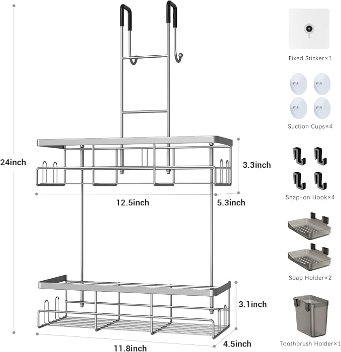 Aitatty Hanging Shower Caddy Over Door: Silver Rustproof Shower Organizer over the Door - No Drilling Bathroom Rack for Inside Shower - Image 7