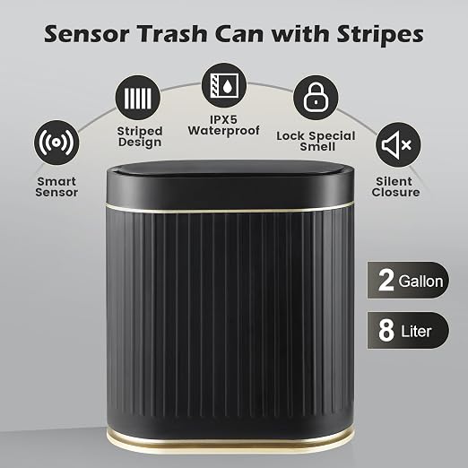 SYNCVIBE Bathroom Sensor Trash Can with Lid Automatic 2 Gallon Small Sensor Garbage Bin, 7.5 Liter Motion Sensor Smart Rubbish Bin Bathroom Decor, Slim Waterproof Plastic Garbage Can, Black Gold - Image 4