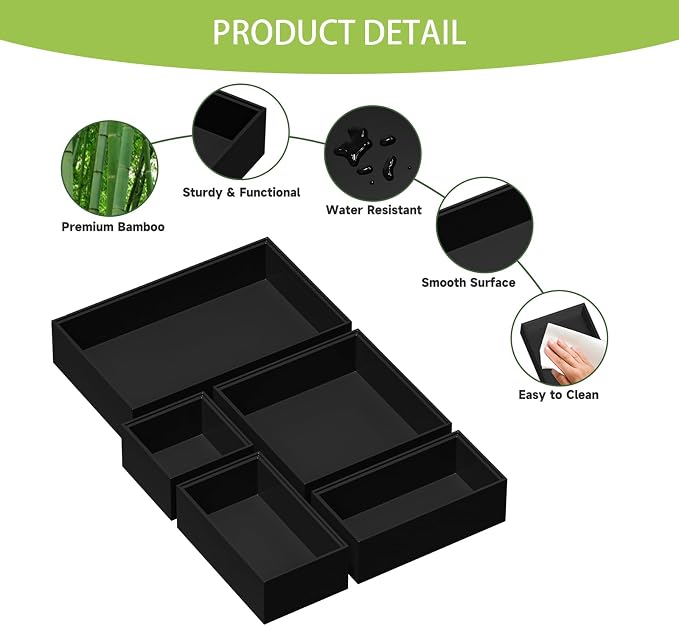 Bamboo Drawer Organizer Set, 5 PCS Multi-use Varied Sizes Junk Drawer Organizer Kitchen Storage Box for Office, Home, Bedroom, Bathroom, Black - Image 5