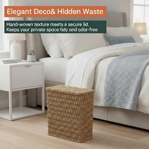 Coeusy 3 Gallon Paper Rope Bathroom Trash Can,Small Wicker Trash Cans with Lid and Liner,Woven Rattan Narrow Waste Basket for Bedroom,Office,Natural - Image 6