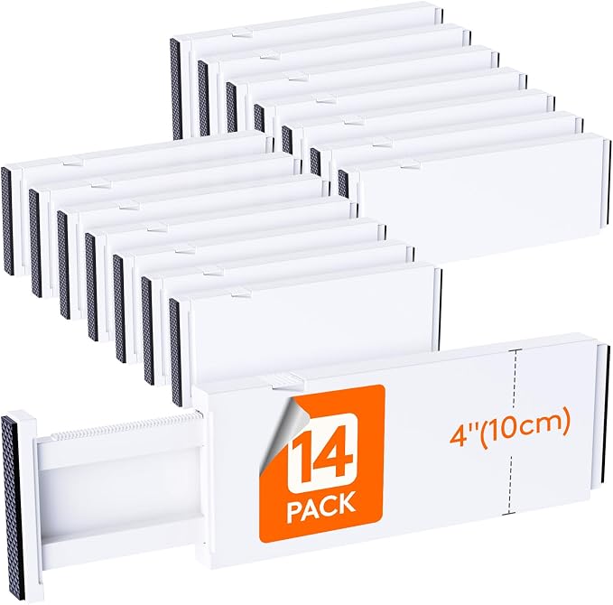 Lifewit 14 Pack Drawer Dividers for Clothes, 10.9-16" Adjustable Drawer Organizers, 4" High Plastic Expandable Drawer Separators in Bedroom/Office/Bathroom/Kitchen Storage, White by Lifewit