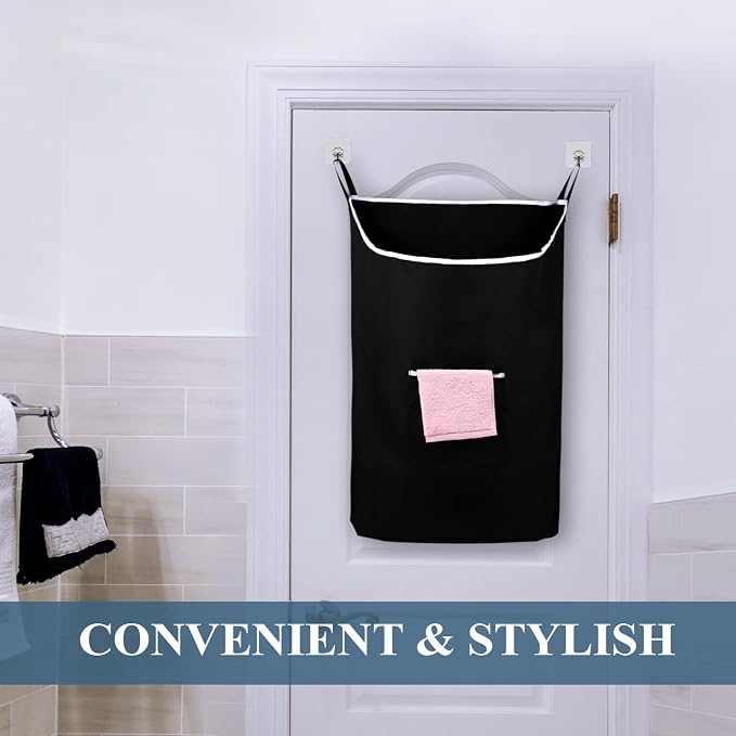The Fine Living Co. Large Hanging Laundry Hamper with Over Door Hooks & Adhesive, Durable Space Saving Laundry Bag with Zipper and Wide Open Top, Hanging Dorm Laundry Hamper 18"x4.75"x28" (Black-L) - Image 5
