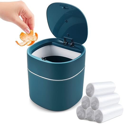 Mini Desk Trash Can with Lid with Trash Bags 180 pcs Press-Top 0.5 Gallon Tiny Countertop Waste Basket Small Table Top Plastic Covered Garbage Bin for Desk Top (Blue) by BusinessKing