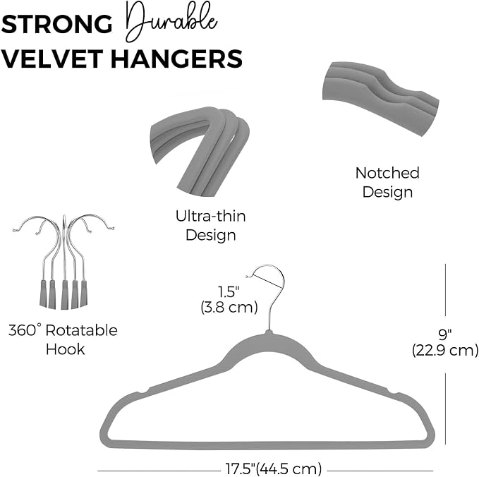 HOUSE DAY Premium Velvet Hangers 50 Pack Grey, Non-Slip Flocked Felt Hangers, Sturdy Clothes Hanger with 360° Rotatable Hook, Heavy Duty Durable Slim Coat Hanger for Closet Space Saving - Image 7