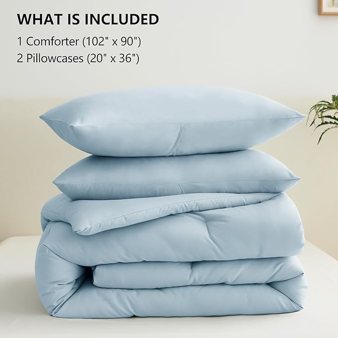 CozyLux King Size Comforter Set Light Blue, 3 Pieces Solid Comforters King Size Breathable Quilted Bedding Sets, Luxury Soft Lightweight Bed Set with Down Alternative Comforter and 2 Pillowcases