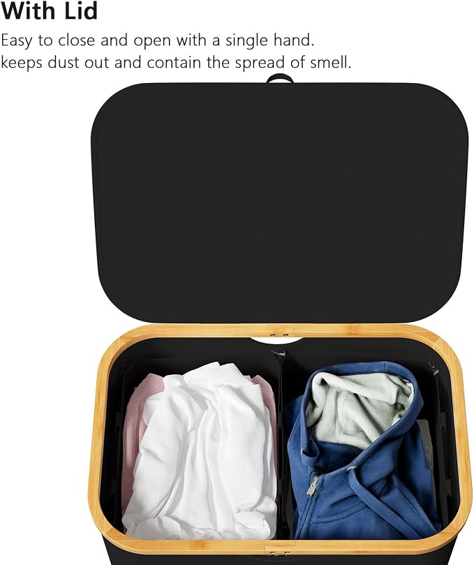 SpaceAid Double Laundry Hamper 2 Section with Lid and Removable Laundry Bags, 160L Clothes Basket with Bamboo Handles, Large Collapsible Hamper for Bedroom, Bathroom, Dorm, Laundry Room - Black - Image 3