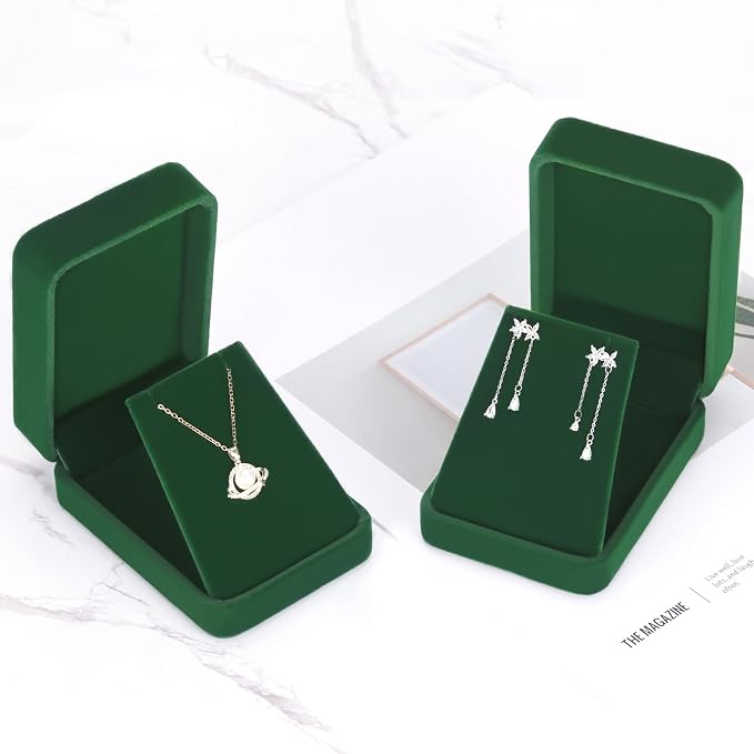 LETURE 2 Pieces Velvet Jewelry Gift Boxes for Necklace Pendant Earring Bracelet, Small Jewelry Storage Display Case for Christmas Wedding Engagement Birthday Anniversary (Green) - Image 4