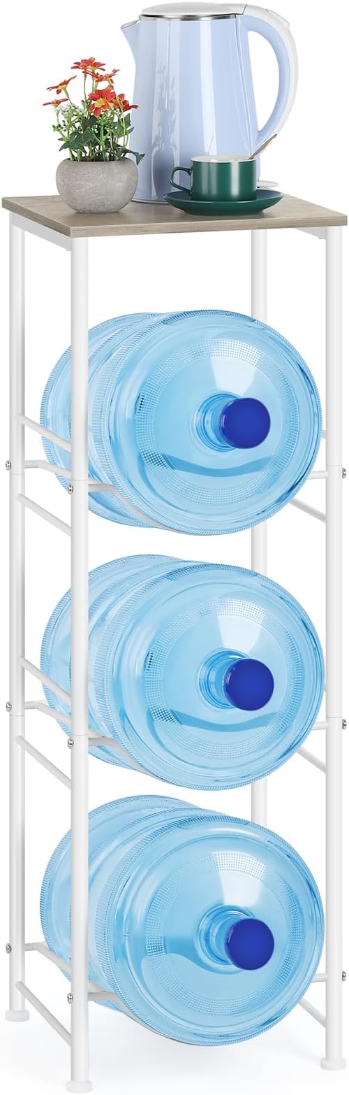 OYEAL Water Bottle Storage Holder 5 Gallon Drink Dispenser Stand with Table 3-Tier Heavy Duty Water Cooler Jug Rack Water Bottle Organizer for Kitchen, Office, Living Room, Rustic Grey - Image 4