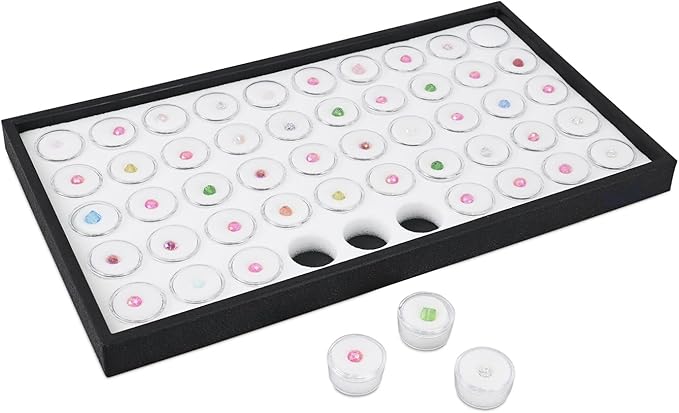 Ikee Design White Foam Gem Jars Showcase Stackable Display Tray for Collectibles, Home Organization Storage Box with 50 Gemstones and Bead Storage Jars, White Foam/Black Tray - Image 5