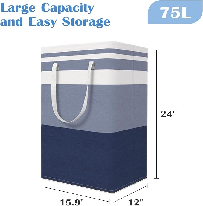 BlissTotes 3-Pack Laundry Basket, Freestanding＆Waterproof Laundry Hamper, Collapsible Tall Clothes Hamper with Easy Carry Handles for Clothes, Towels in the Family and Dorm,Gradient Blue,75L - Image 2