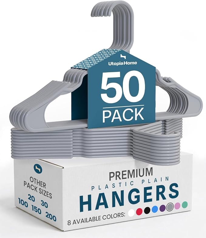 Utopia Home Plastic Hangers 50 Pack - Perfect Space Saving Clothes Hanger - Durable and Strong - Perfect Closet Organizers with Shoulder Grooves (Grey) by UTOPIAHOME