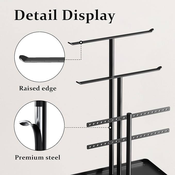 pickpiff Jewelry Stand Organizer, 12.5" Tall Sturdy Metal, 3-Tier Jewelry Holder for Necklace, Earring, Bracelet, Ring, Hanger for Display and Storage, Aesthetic Room Decor, Black - Image 6