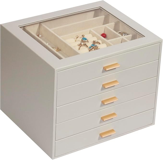 Jewelry Box with Glass Lid, 5-Layer Jewelry Organizer for Women Girls, PU Leather Display Case with 20-Grid Earring Tray & Movable Dividers for Necklaces Rings,Grey by Unknown
