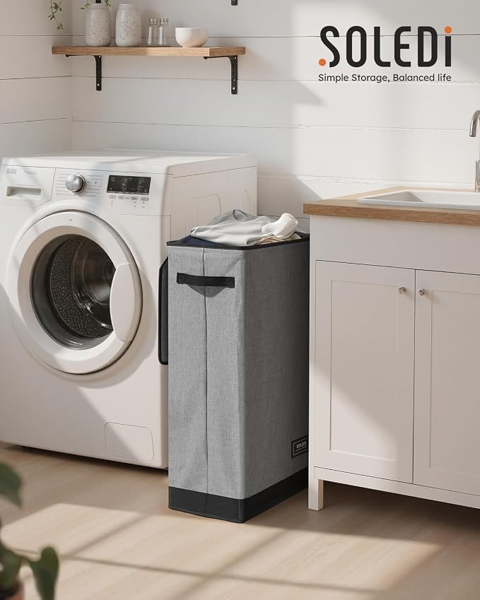 SOLEDI Slim Laundry Hamper with Lid, Narrow Laundry Basket with Removable Bags, Dirty Clothes Hamper with handle, Small Hamper perfect for Laundry room, Bathroom, Bedroom, Small spaces. 70L Grey - Image 2