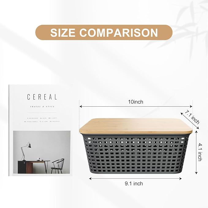 6Pcs Storage Bins with Lids, Stackable Plastic Storage Basket with Bamboo Lid, Pantry Organizer Box Small Containers for Organizing Shelves Drawer Desktop Closet Cabinet Office Classroom 10x7.1x4.1in - Image 2