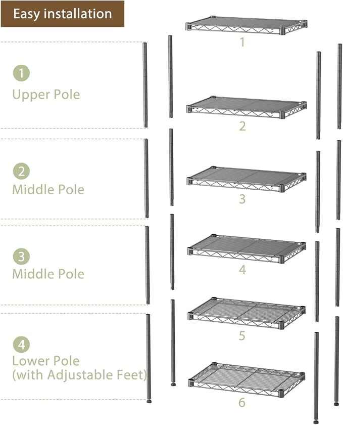 SINGAYE 6 Small Shelf Storage Wire Shelves Closet Bathroom Organizers Metal Pantry Kitchen Garage Shelving Unit Laundry Room Organization Home Narrow Rack Net Basket with Wheels Black - Image 5