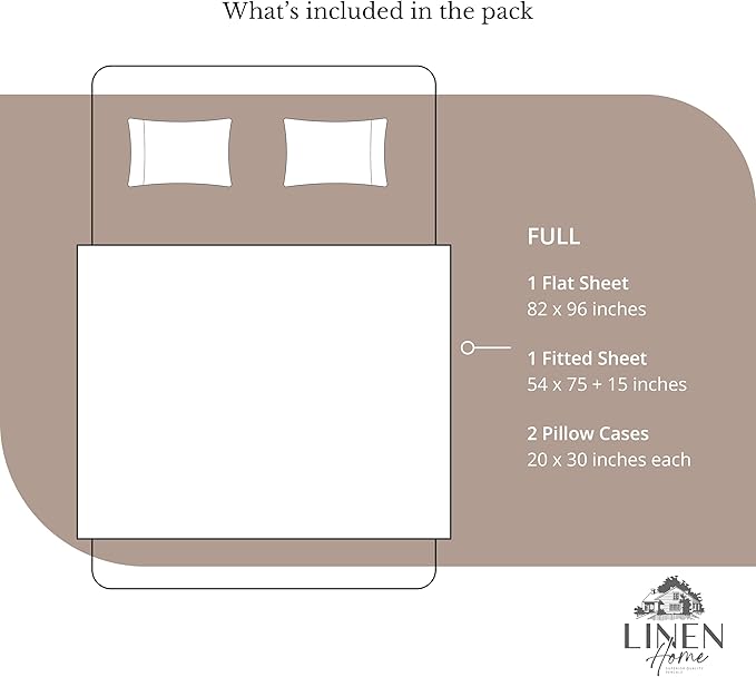 Linen Home 100% Cotton Percale Sheets Full Size, Earthy Brown, Deep Pocket, 4 Pieces Set - 1 Flat, 1 Deep Pocket Fitted Sheet and 2 Pillowcases, Crisp Cool and Strong Bed Linen