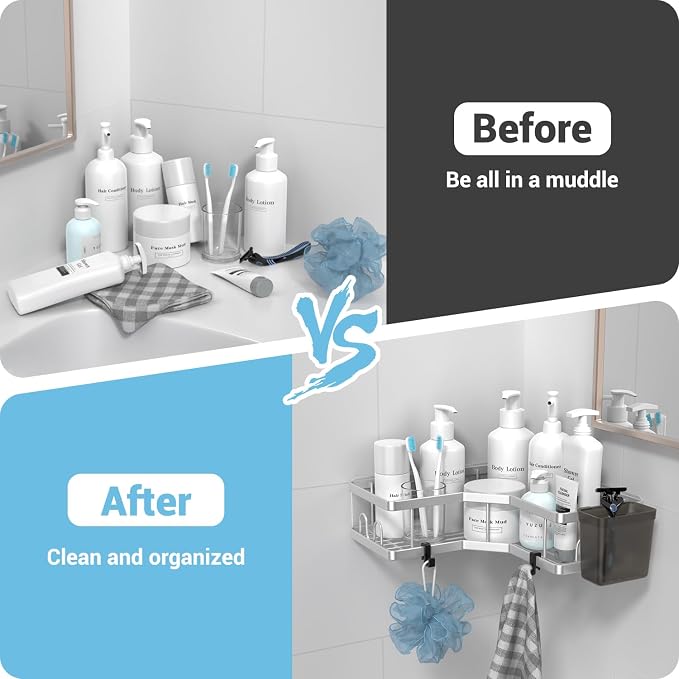 AKTECKE Corner Shower Caddy Shelf Rack: 2 Pack Adhesive Shower Organizer Essentials - No Drilling Stainless Steel Bathroom Storage Rack with Hooks and Toothpaste Holder - Image 6