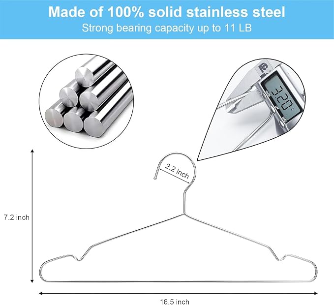 Hangers 20 Pack Coat Wire Hangers Heavy Duty Stainless Steel Clothes Hanger with Non Slip Grooves, 16.5 Inch Ultra Thin Metal Hangers Space Saving Clothing Hanger Silver - Image 2