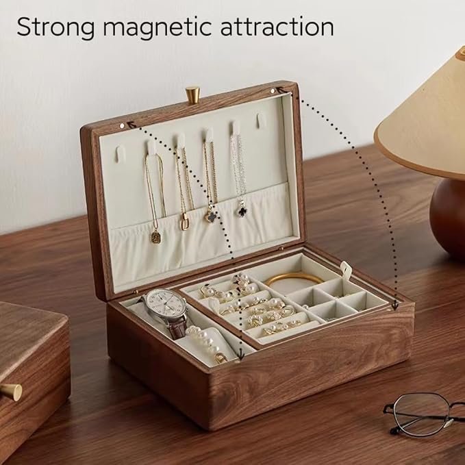 Bescott 2 Layer Solid Black Walnut Wooden Jewelry Box for Women Wood Vintage Organizer for Men Earrings Rings Necklaces Bracelet Watch Storage - Image 7