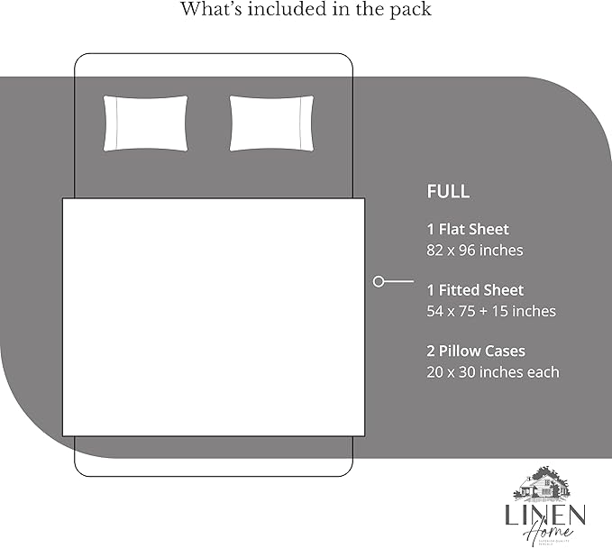 Linen Home 100% Cotton Percale Sheets Full Size, Smoky Charcoal, Deep Pocket, 4 Pieces Set - 1 Flat, 1 Deep Pocket Fitted Sheet and 2 Pillowcases, Crisp Cool and Strong Bed Linen