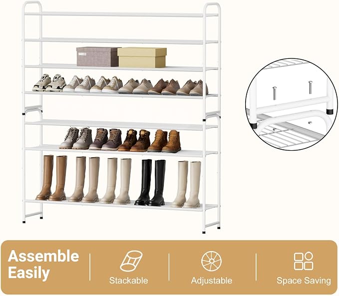 KEETDY 4-Tier Long Shoe Rack for Closet Floor, Wide Shoe Organizer Storage, Stackable Shoe Rack for Entryway Metal Shoe Shelf for 30 Pairs Men Sneakers with Wire Grid for Bedroom, White - Image 5