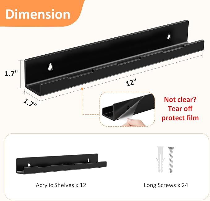 Optish 12 Pack Vinyl Wall Mount Shelf, 12" Vinyl Record Holder, Clear Record Shelf Display and Storage, Acrylic Shelves for Wall, Nursery, Living Room, Bedroom, Black - Image 3