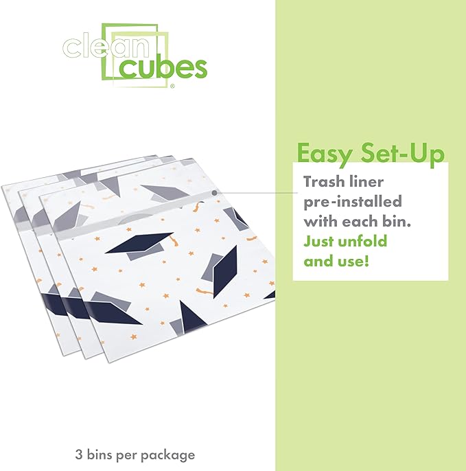 Clean Cubes 13 Gallon Disposable Pop-Up Trash Cans (3-Pack) with Fitted Bags – Foldable Garbage & Recycling Bins for Parties, Events & Kitchen (Graduation, 17" H x 13.5" W x 10" D) - Image 3