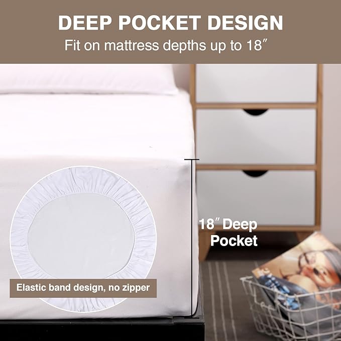 Mecerock Mattress Protector, Breathable and Soft Waterproof Mattress Protector,Mattress Cover, Fitted to 18" Deep, King Mattress Cover White