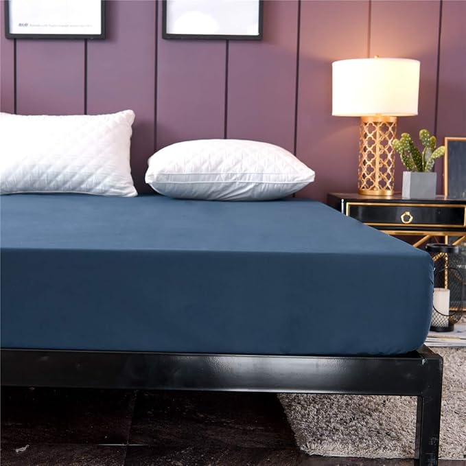 Holawakaka Twin Waterproof Mattress Protector Navy Blue Fitted Sheet Breathable Bed Mattress Pad Cover, 14" Deep Pocket (Navy Blue, Twin)