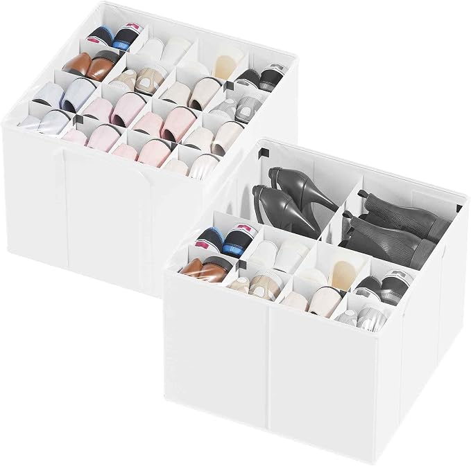 SpaceAid Shoe Organizer for Closet, 2 Pack Foldable Shoe Storage Containers Baskets Boxes Bins w/Adjustable Dividers, Fits 16-32 Pairs, White by SpaceAid